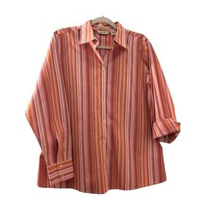 EDDIE BAUER button down shirt, XL, pink & gold stripes, easy care, straight hem.